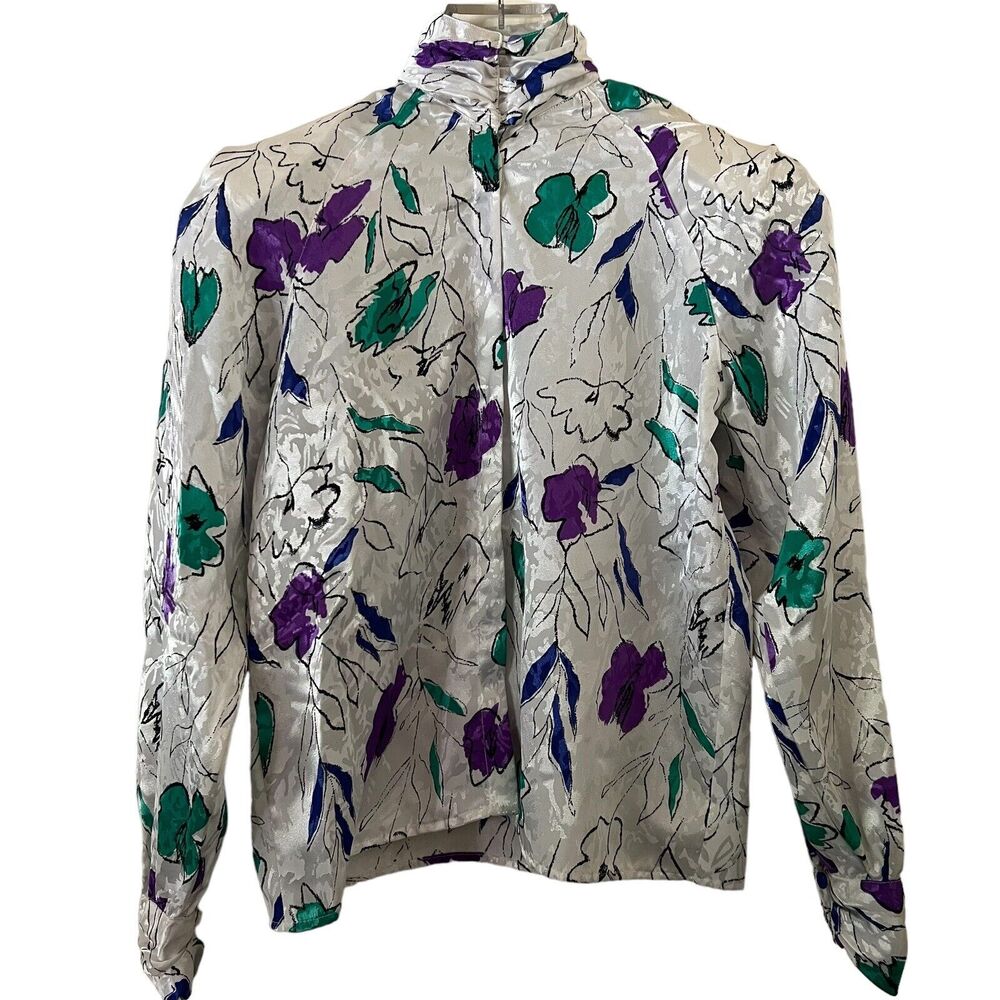 🌵 Vintage 1980's Women's Purple & Green High Collar Button-Up Blouse - Petite 0